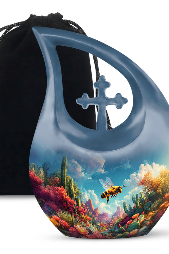 Steel Blue Bee Cremation Urn top-down view of secure threaded lid - devotional cross-drop bee engraving - full-size 10 inch 200 cubic inch adult cremation urn