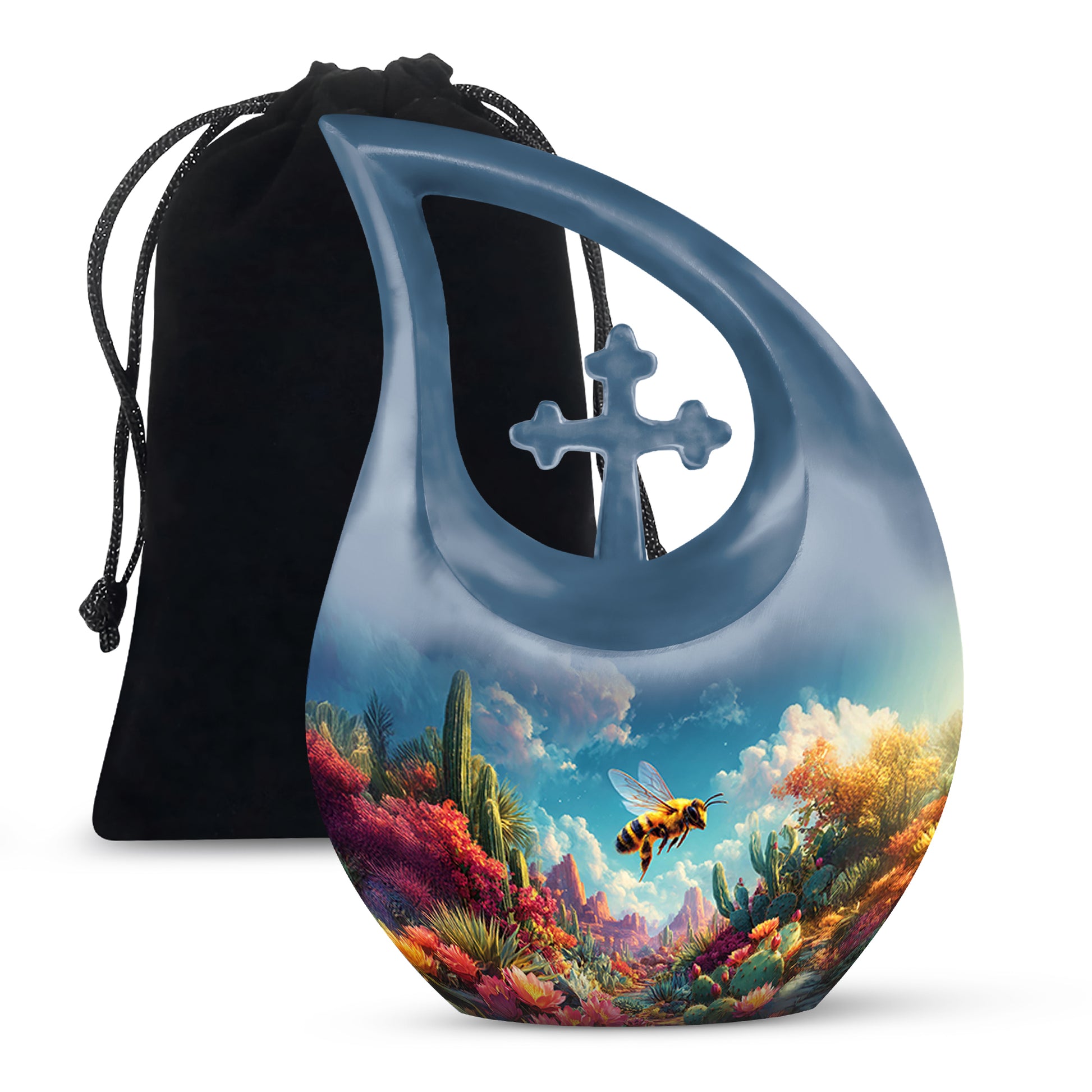 Steel Blue Bee Cremation Urn top-down view of secure threaded lid - devotional cross-drop bee engraving - full-size 10 inch 200 cubic inch adult cremation urn