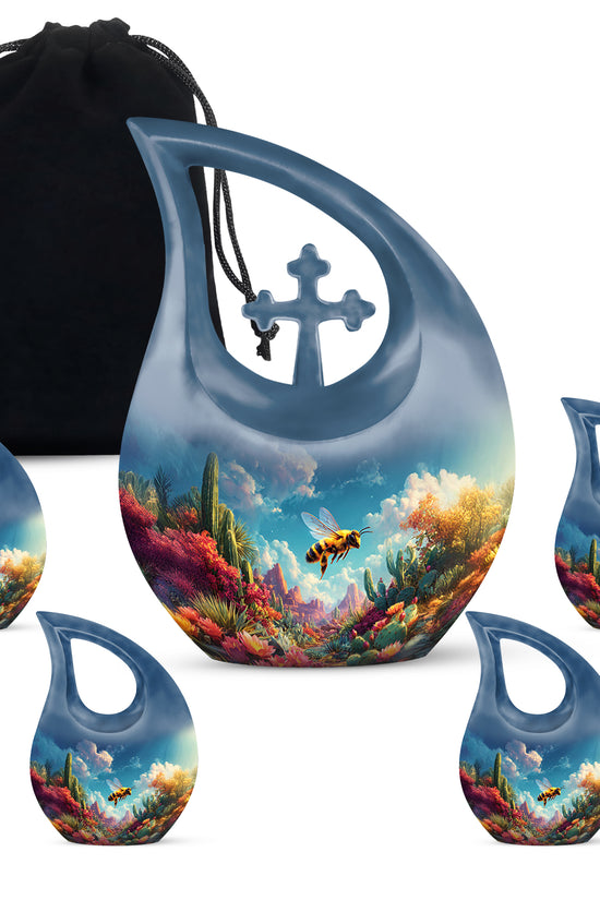 Steel Blue Bee Cremation Urn urn with complimentary velvet bag - faith-inspired cross-drop urn with bee pattern - memorial set with one large and four small urns