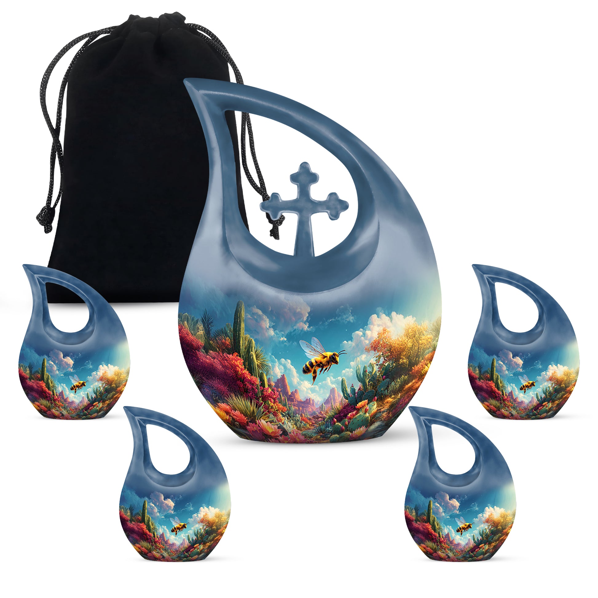 Steel Blue Bee Cremation Urn urn with complimentary velvet bag - faith-inspired cross-drop urn with bee pattern - memorial set with one large and four small urns
