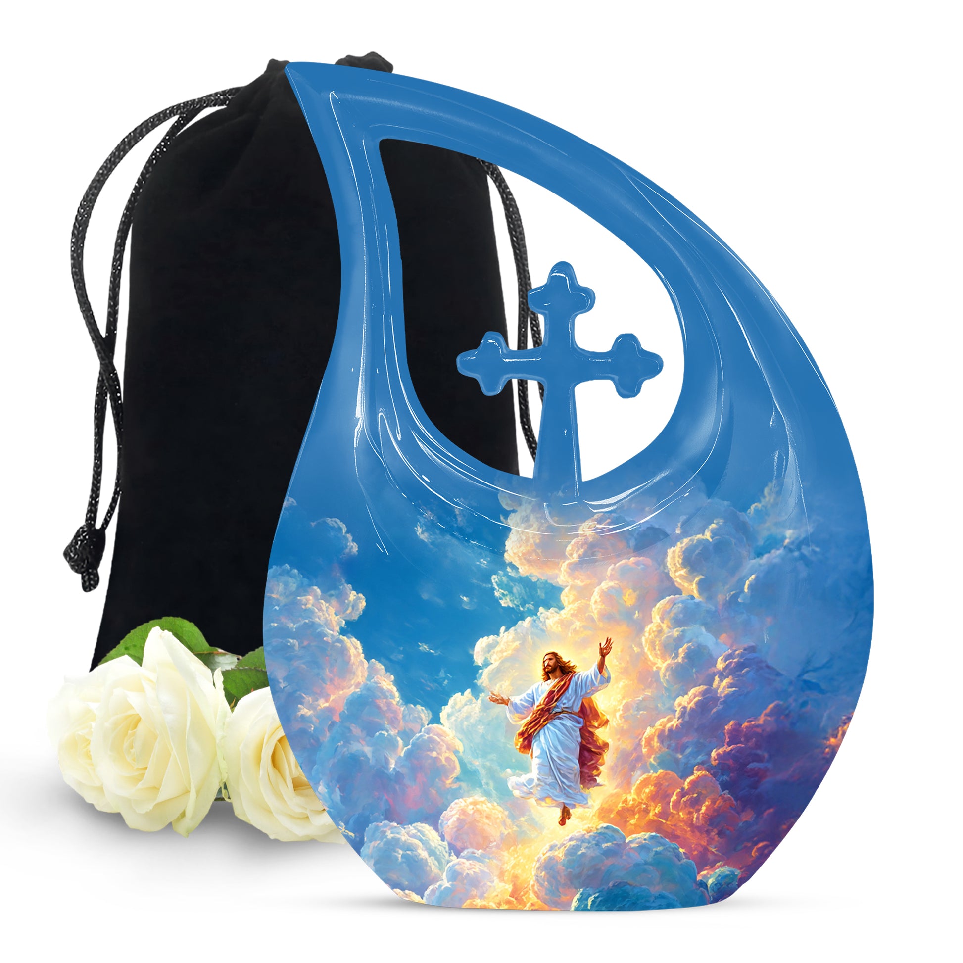 Decorative urn with angel design, cross, and roses on a white background