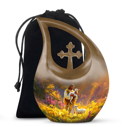 Jesus Holding Lamb Memorial Urn - Religious Cremation Urn For Human Ashes