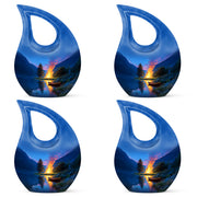 Navy Blue Campfire Cremation Urn lifestyle display on memorial shelf - sacred cross merged with campfire motif on metal - 10 inch aluminum urn for cremated remains