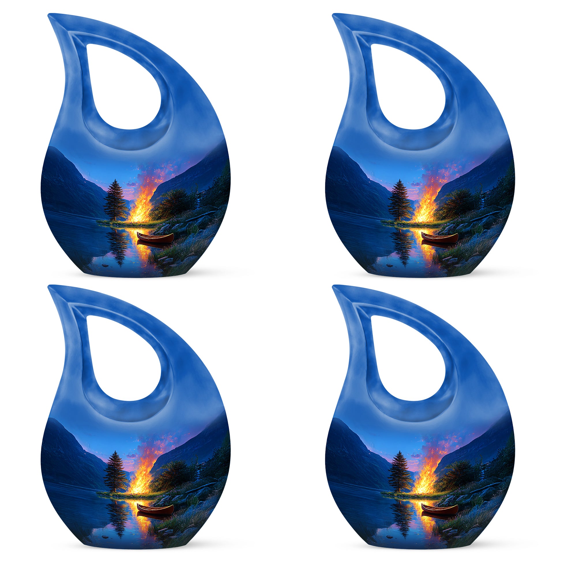 Navy Blue Campfire Cremation Urn lifestyle display on memorial shelf - sacred cross merged with campfire motif on metal - 10 inch aluminum urn for cremated remains