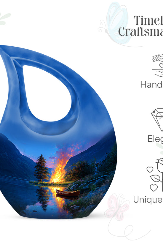 Celestial Blue Campfire Cremation Urn back view with polished surface - cross and campfire combined in spiritual memorial design - mini keepsake memorial for portion of cremation ashes