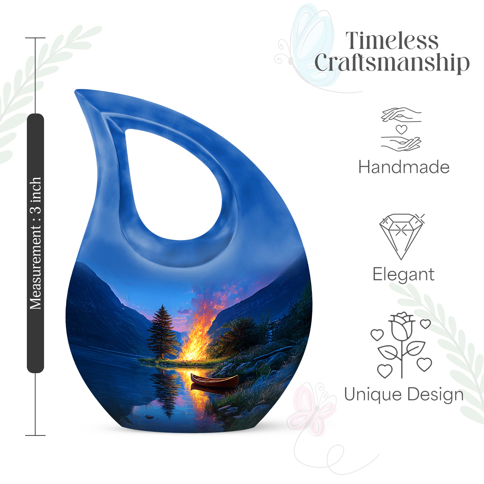 Celestial Blue Campfire Cremation Urn back view with polished surface - cross and campfire combined in spiritual memorial design - mini keepsake memorial for portion of cremation ashes