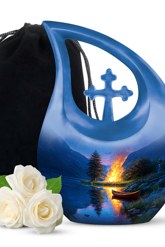Vivid Blue Campfire Cremation Urn top-down view of secure threaded lid - faith-inspired cross-drop urn with campfire pattern - full-size 10 inch 200 cubic inch adult cremation urn