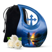 Vivid Blue Campfire Cremation Urn top-down view of secure threaded lid - faith-inspired cross-drop urn with campfire pattern - full-size 10 inch 200 cubic inch adult cremation urn