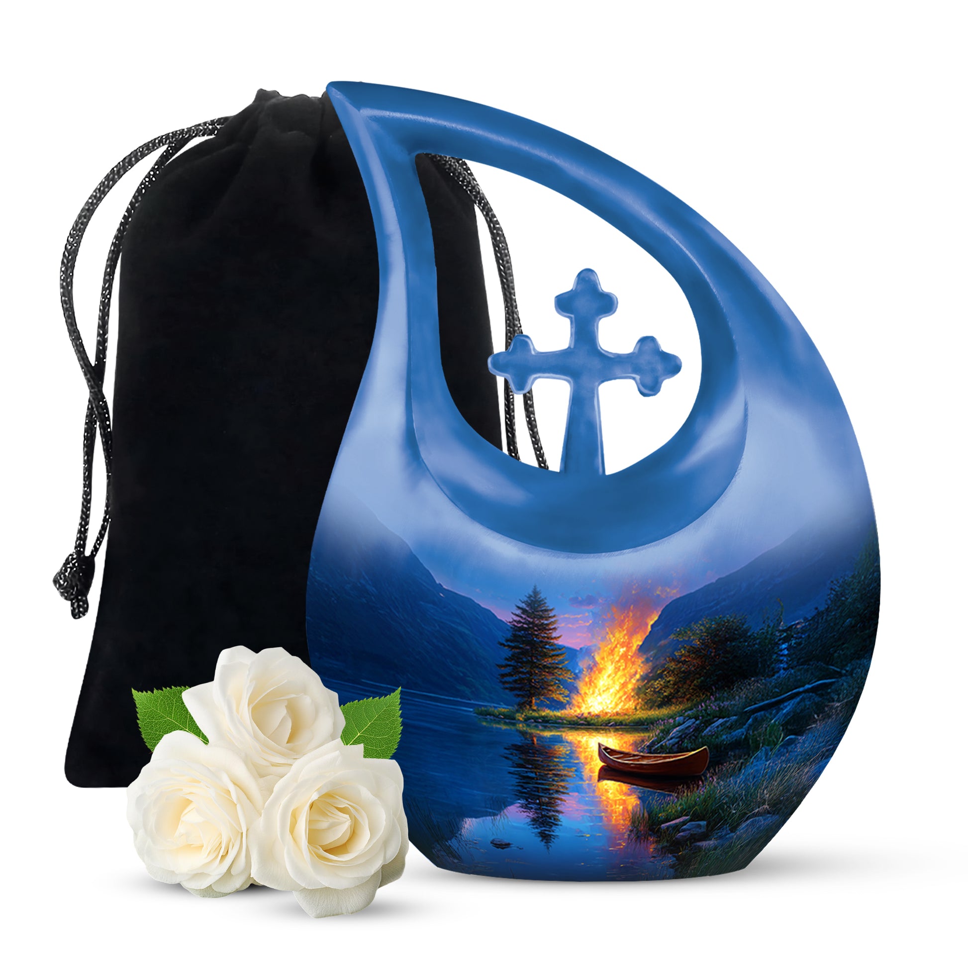 Vivid Blue Campfire Cremation Urn top-down view of secure threaded lid - faith-inspired cross-drop urn with campfire pattern - full-size 10 inch 200 cubic inch adult cremation urn