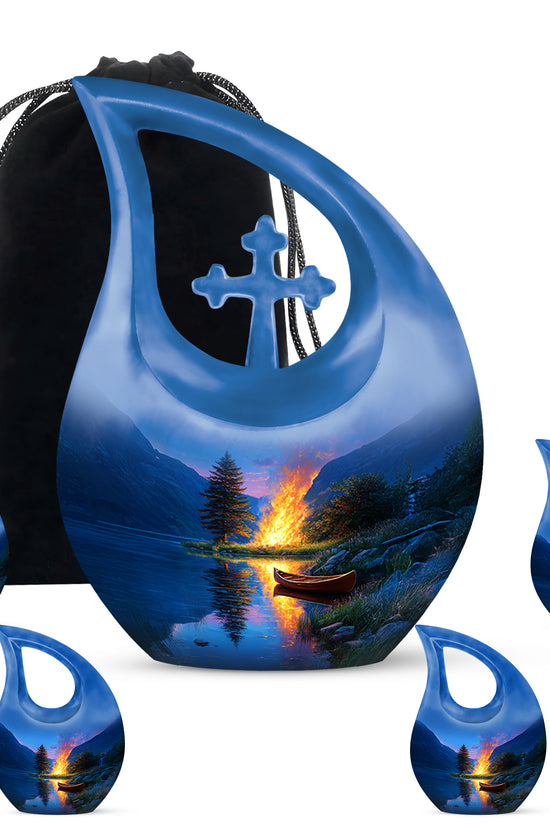 Misty Blue Campfire Cremation Urn urn with complimentary velvet bag - sacred cross merged with campfire motif on metal - memorial set with one large and four small urns