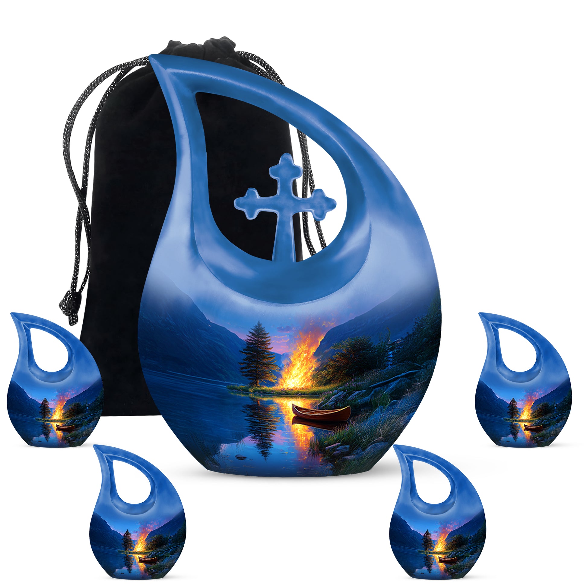 Misty Blue Campfire Cremation Urn urn with complimentary velvet bag - sacred cross merged with campfire motif on metal - memorial set with one large and four small urns