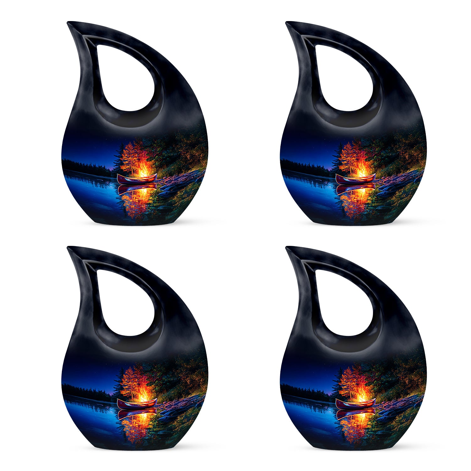 Slate Blue Campfire Cremation Urn lifestyle display on memorial shelf - sacred cross merged with campfire motif on metal - 10 inch aluminum urn for cremated remains