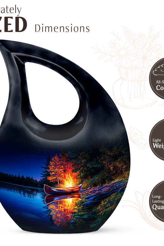 Powder Blue Campfire Cremation Urn back view with polished surface - cross and campfire combined in spiritual memorial design - mini keepsake memorial for portion of cremation ashes