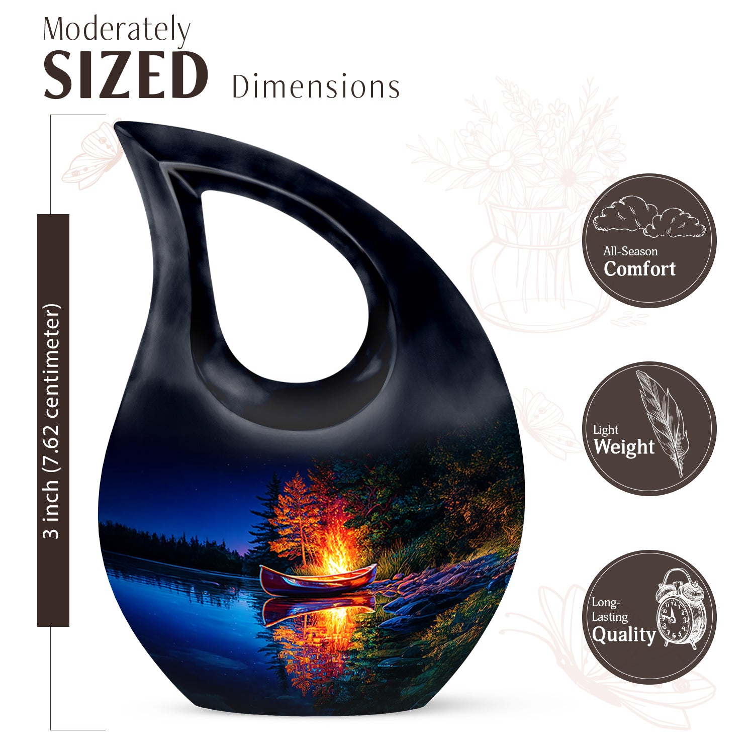 Powder Blue Campfire Cremation Urn back view with polished surface - cross and campfire combined in spiritual memorial design - mini keepsake memorial for portion of cremation ashes