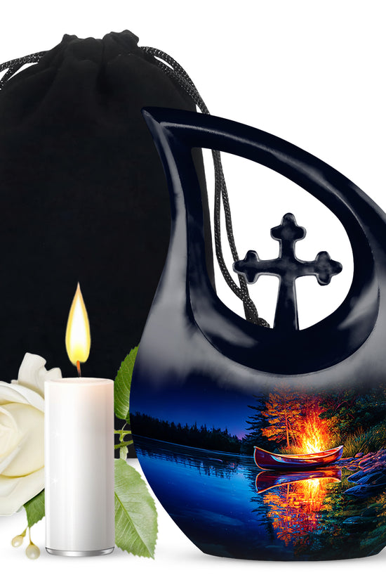 Cornflower Blue Campfire Cremation Urn top-down view of secure threaded lid - faith-inspired cross-drop urn with campfire pattern - full-size 10 inch 200 cubic inch adult cremation urn