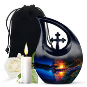 Cornflower Blue Campfire Cremation Urn top-down view of secure threaded lid - faith-inspired cross-drop urn with campfire pattern - full-size 10 inch 200 cubic inch adult cremation urn