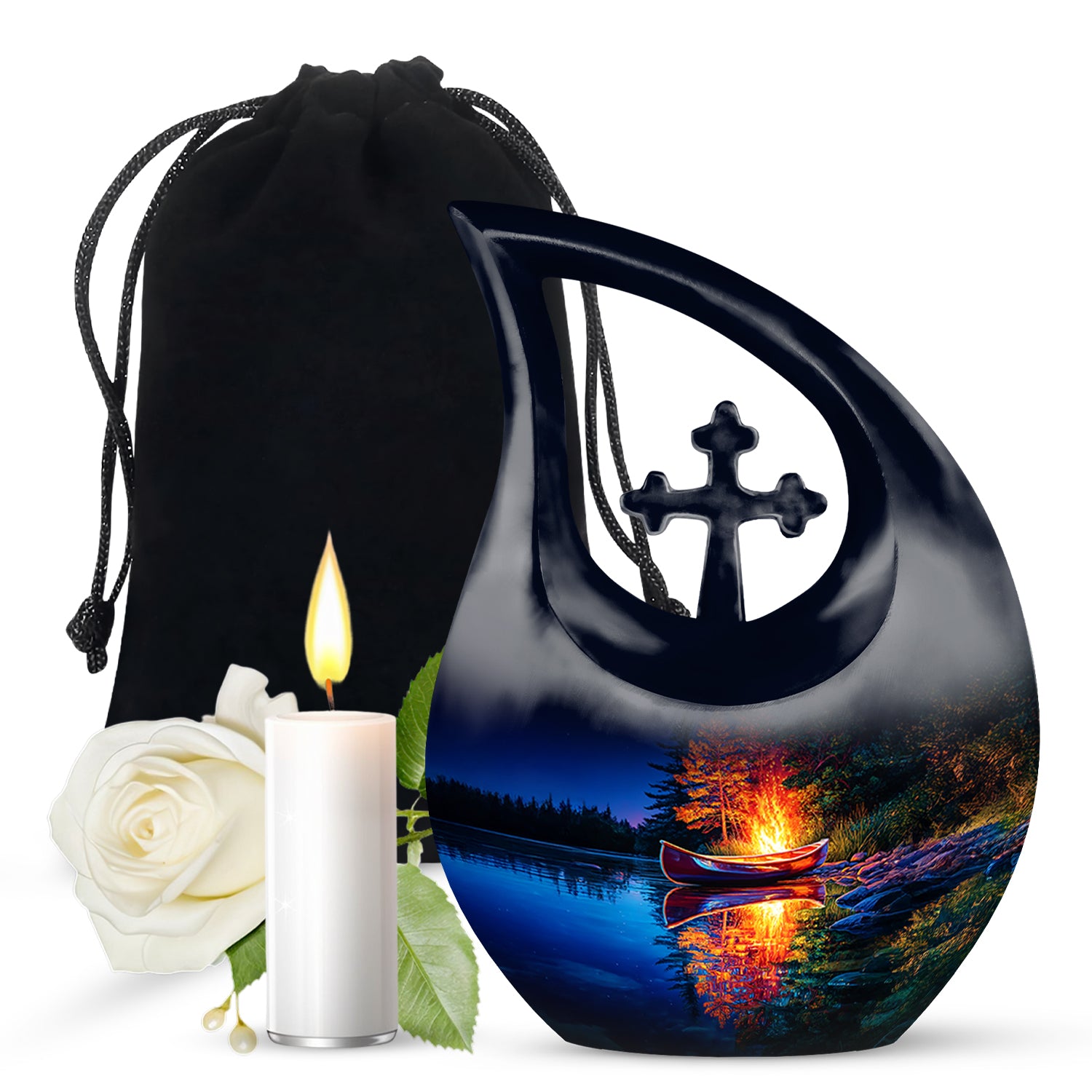 Cornflower Blue Campfire Cremation Urn top-down view of secure threaded lid - faith-inspired cross-drop urn with campfire pattern - full-size 10 inch 200 cubic inch adult cremation urn