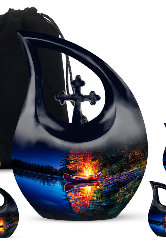 Icy Blue Campfire Cremation Urn urn with complimentary velvet bag - sacred cross merged with campfire motif on metal - memorial set with one large and four small urns