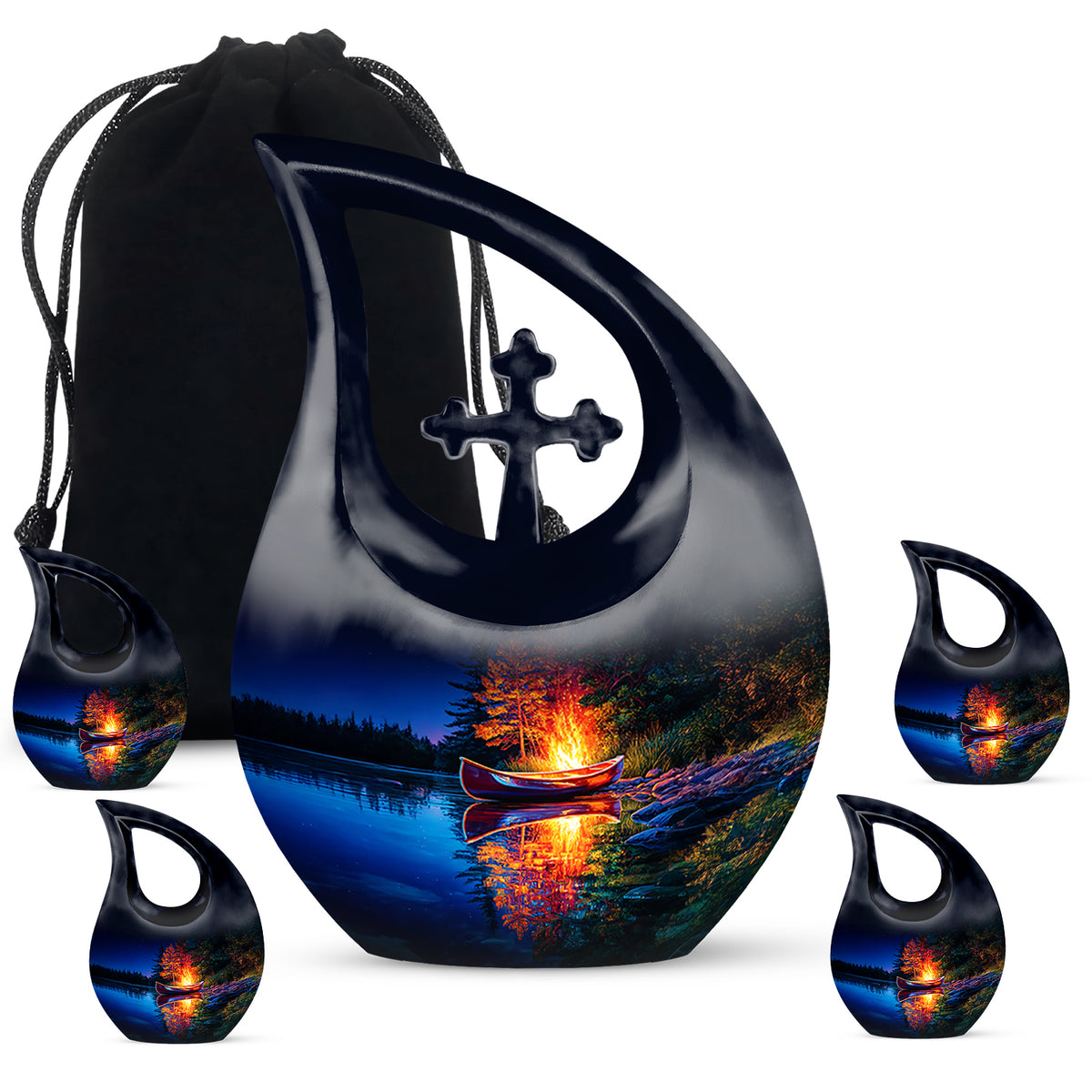 Icy Blue Campfire Cremation Urn urn with complimentary velvet bag - sacred cross merged with campfire motif on metal - memorial set with one large and four small urns