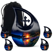 Icy Blue Campfire Cremation Urn urn with complimentary velvet bag - sacred cross merged with campfire motif on metal - memorial set with one large and four small urns