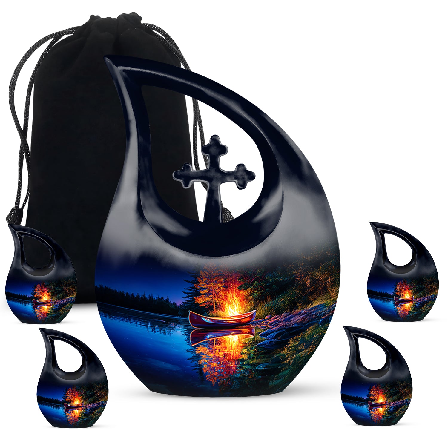 Icy Blue Campfire Cremation Urn urn with complimentary velvet bag - sacred cross merged with campfire motif on metal - memorial set with one large and four small urns