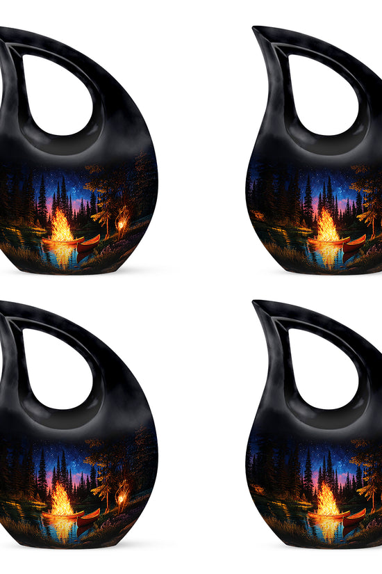 Ebony Campfire Cremation Urn lifestyle display on memorial shelf - cross and campfire combined in spiritual memorial design - 10 inch aluminum urn for cremated remains
