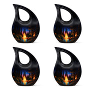 Ebony Campfire Cremation Urn lifestyle display on memorial shelf - cross and campfire combined in spiritual memorial design - 10 inch aluminum urn for cremated remains