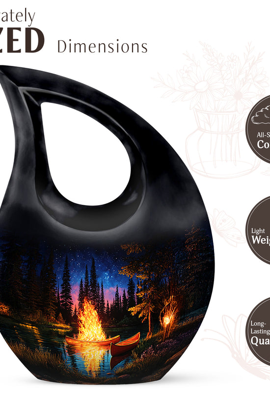 Onyx Black Campfire Cremation Urn back view with polished surface - faith-inspired cross-drop urn with campfire pattern - mini keepsake memorial for portion of cremation ashes