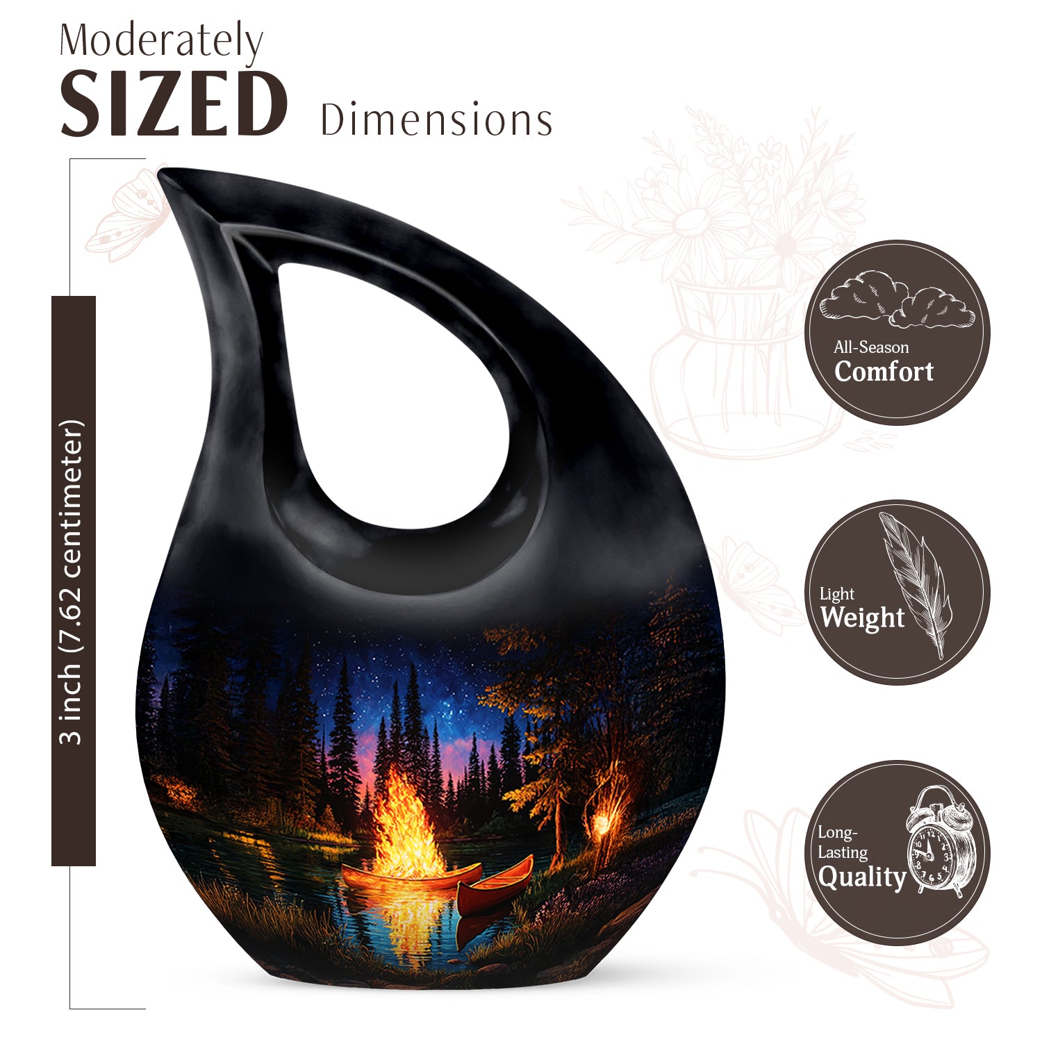 Onyx Black Campfire Cremation Urn back view with polished surface - faith-inspired cross-drop urn with campfire pattern - mini keepsake memorial for portion of cremation ashes