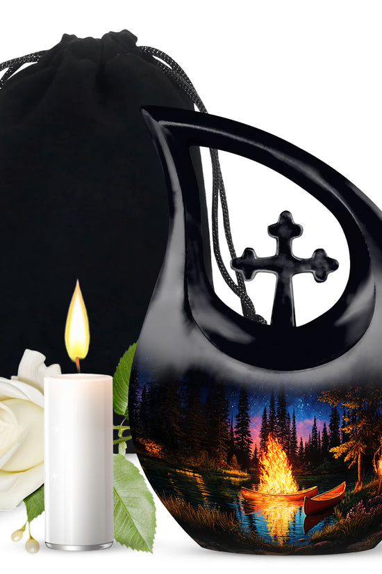 Charcoal Black Campfire Cremation Urn top-down view of secure threaded lid - devotional cross-drop campfire engraving - full-size 10 inch 200 cubic inch adult cremation urn