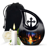 Charcoal Black Campfire Cremation Urn top-down view of secure threaded lid - devotional cross-drop campfire engraving - full-size 10 inch 200 cubic inch adult cremation urn