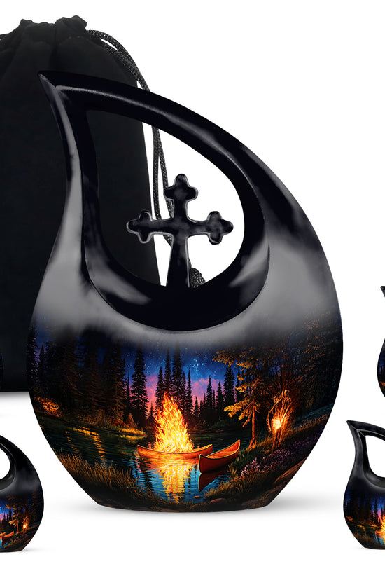 Glossy Black Campfire Cremation Urn urn with complimentary velvet bag - cross and campfire combined in spiritual memorial design - memorial set with one large and four small urns
