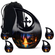 Glossy Black Campfire Cremation Urn urn with complimentary velvet bag - cross and campfire combined in spiritual memorial design - memorial set with one large and four small urns