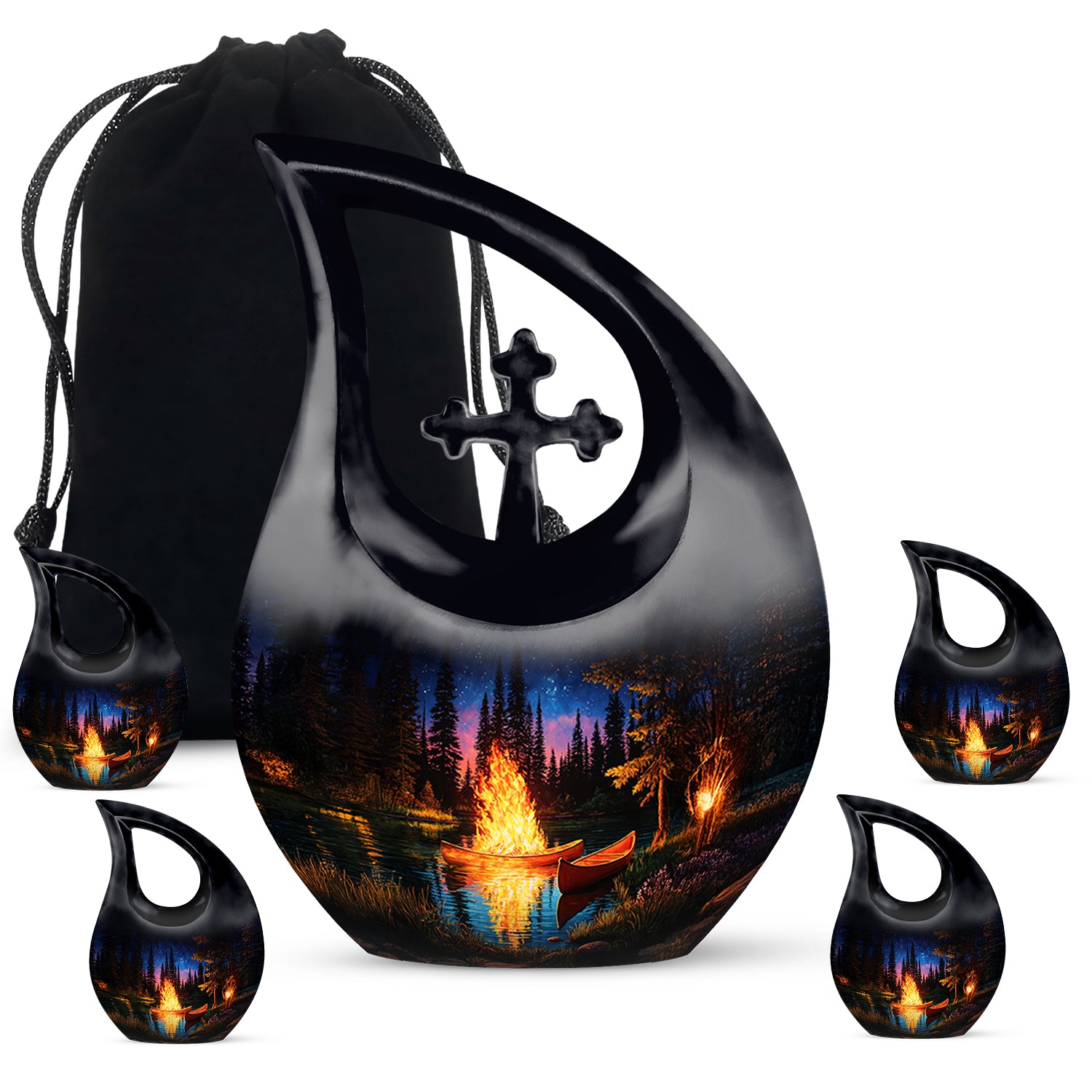 Glossy Black Campfire Cremation Urn urn with complimentary velvet bag - cross and campfire combined in spiritual memorial design - memorial set with one large and four small urns