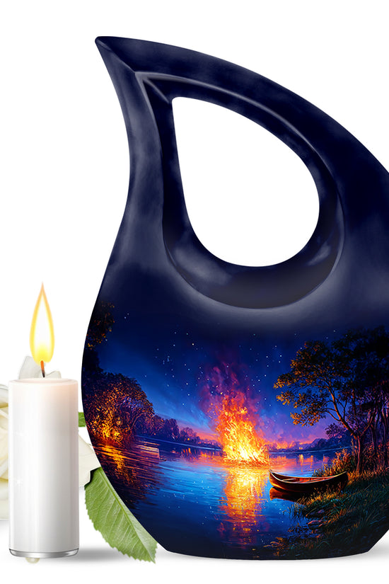Personalized Blue Steadfast Campfire Cremation Urns for Human Ashes - 10-inch, 200 cu in - Karyliz