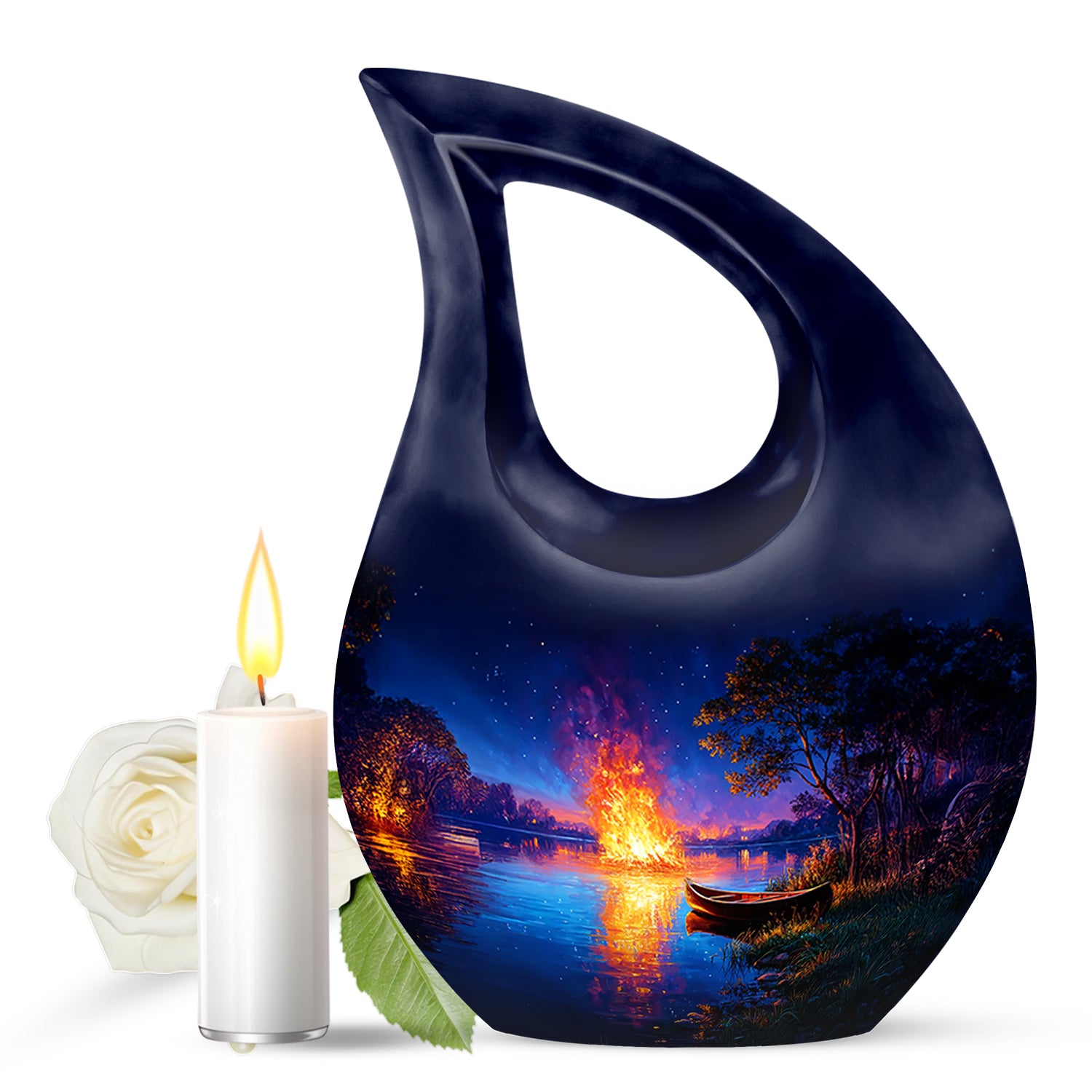 Personalized Blue Steadfast Campfire Cremation Urns for Human Ashes - 10-inch, 200 cu in - Karyliz