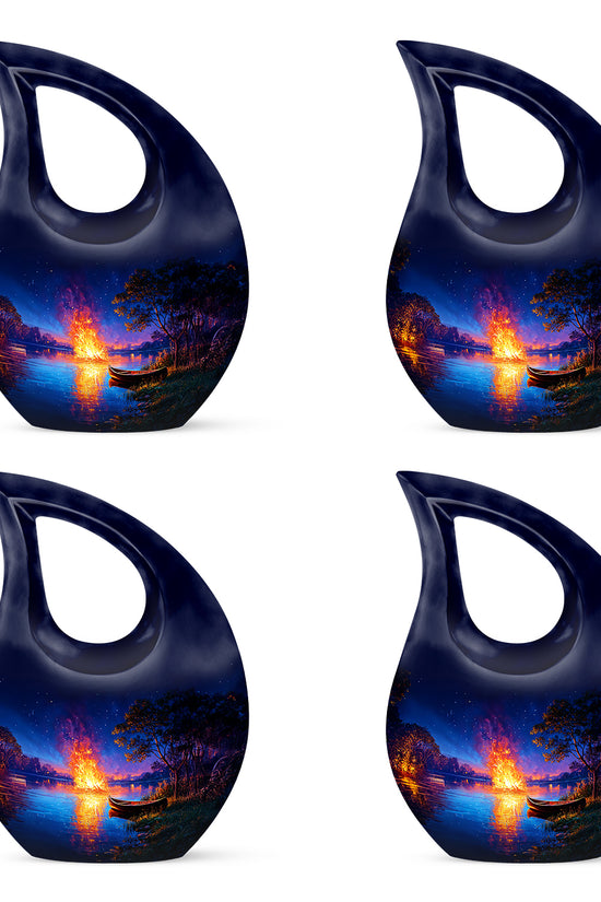 Sapphire Blue Campfire Cremation Urn lifestyle display on memorial shelf - faith-inspired cross-drop urn with campfire pattern - 10 inch aluminum urn for cremated remains