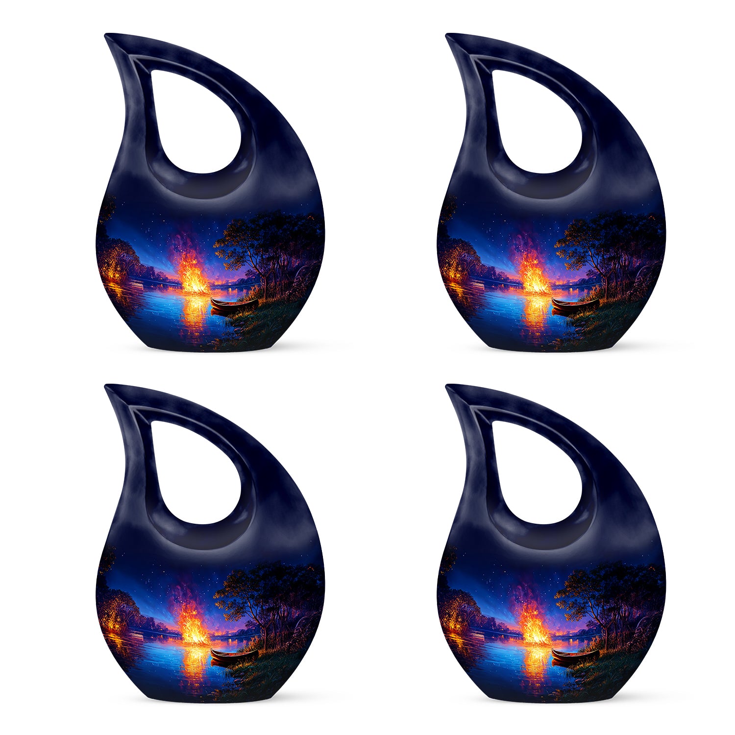 Sapphire Blue Campfire Cremation Urn lifestyle display on memorial shelf - faith-inspired cross-drop urn with campfire pattern - 10 inch aluminum urn for cremated remains