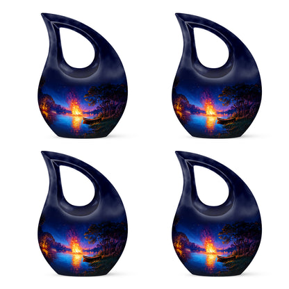 Sapphire Blue Campfire Cremation Urn lifestyle display on memorial shelf - faith-inspired cross-drop urn with campfire pattern - 10 inch aluminum urn for cremated remains