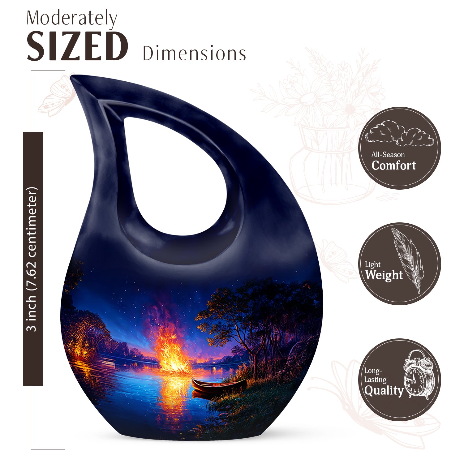 Pastel Blue Campfire Cremation Urn back view with polished surface - sacred cross merged with campfire motif on metal - mini keepsake memorial for portion of cremation ashes