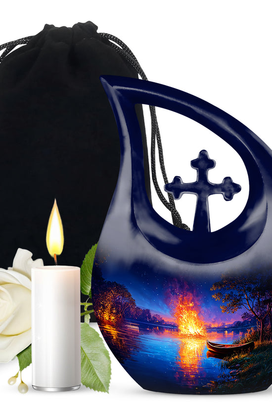 Celestial Blue Campfire Cremation Urn top-down view of secure threaded lid - sacred cross merged with campfire motif on metal - full-size 10 inch 200 cubic inch adult cremation urn