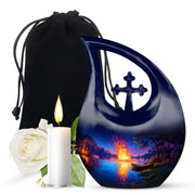 Celestial Blue Campfire Cremation Urn top-down view of secure threaded lid - sacred cross merged with campfire motif on metal - full-size 10 inch 200 cubic inch adult cremation urn