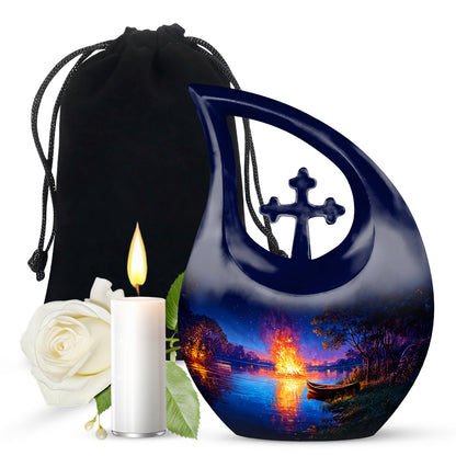 Celestial Blue Campfire Cremation Urn top-down view of secure threaded lid - sacred cross merged with campfire motif on metal - full-size 10 inch 200 cubic inch adult cremation urn