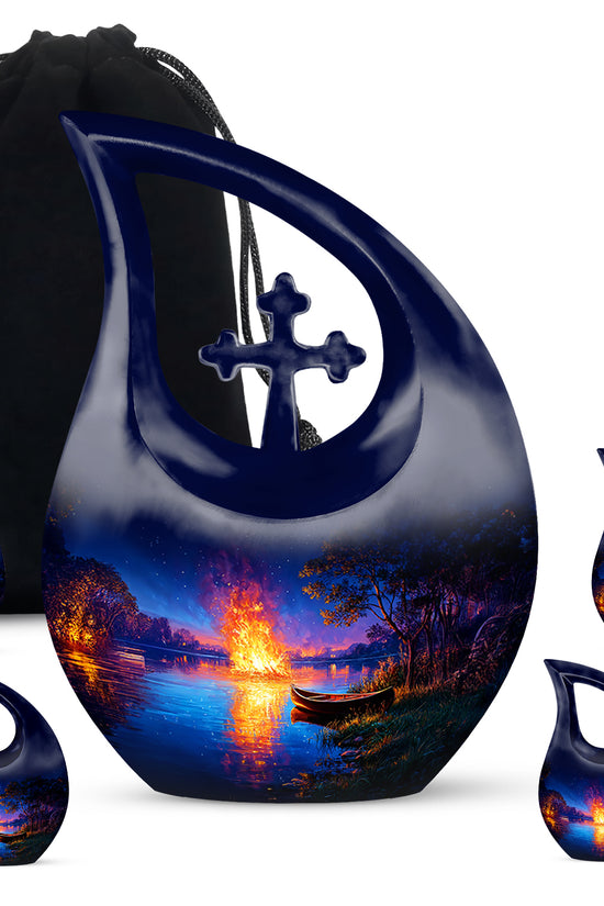 Cornflower Blue Campfire Cremation Urn urn with complimentary velvet bag - devotional cross-drop campfire engraving - memorial set with one large and four small urns
