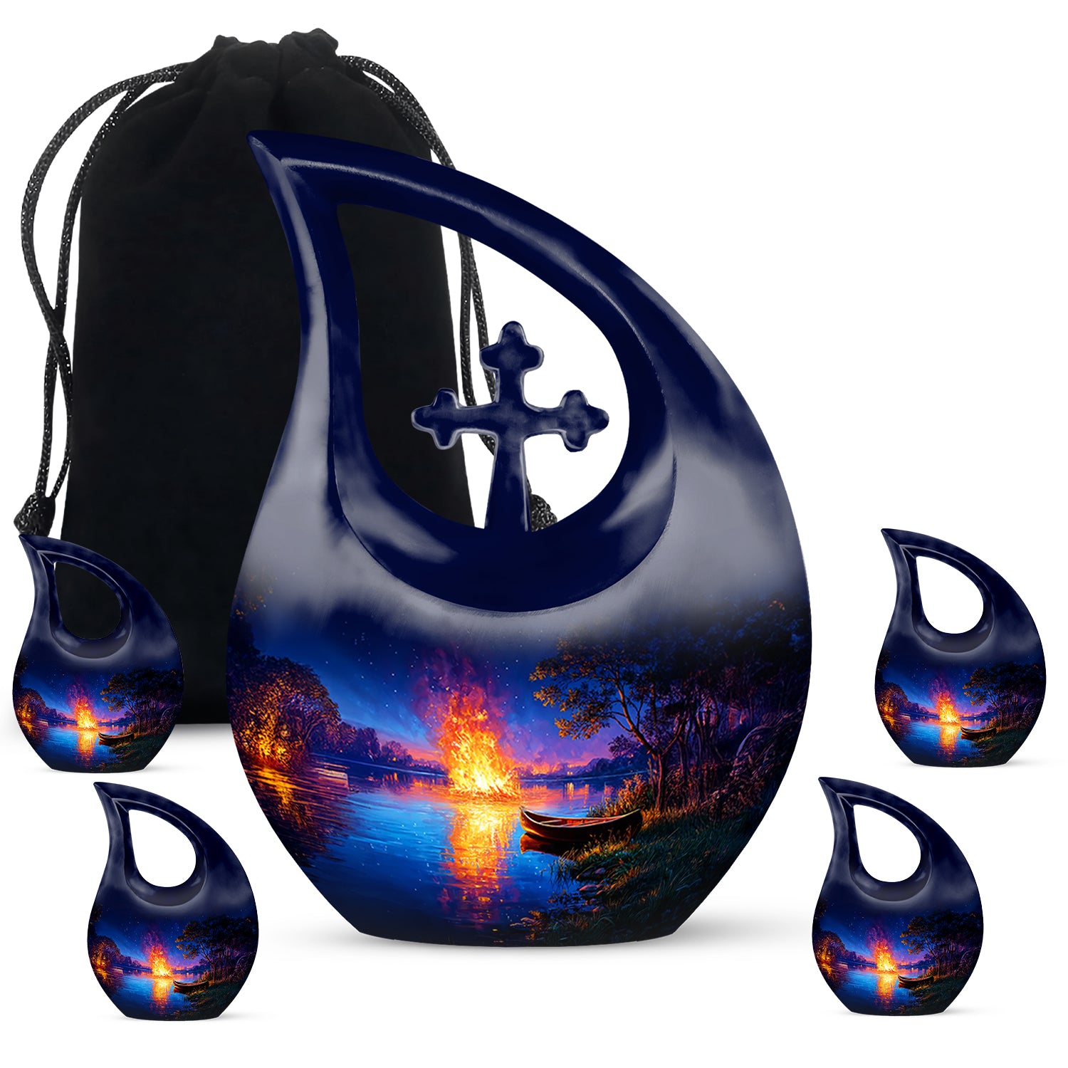 Cornflower Blue Campfire Cremation Urn urn with complimentary velvet bag - devotional cross-drop campfire engraving - memorial set with one large and four small urns