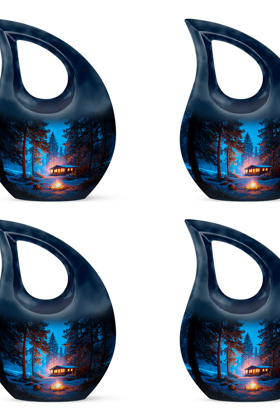 Misty Blue Campfire Cremation Urn lifestyle display on memorial shelf - cross and campfire combined in spiritual memorial design - 10 inch aluminum urn for cremated remains