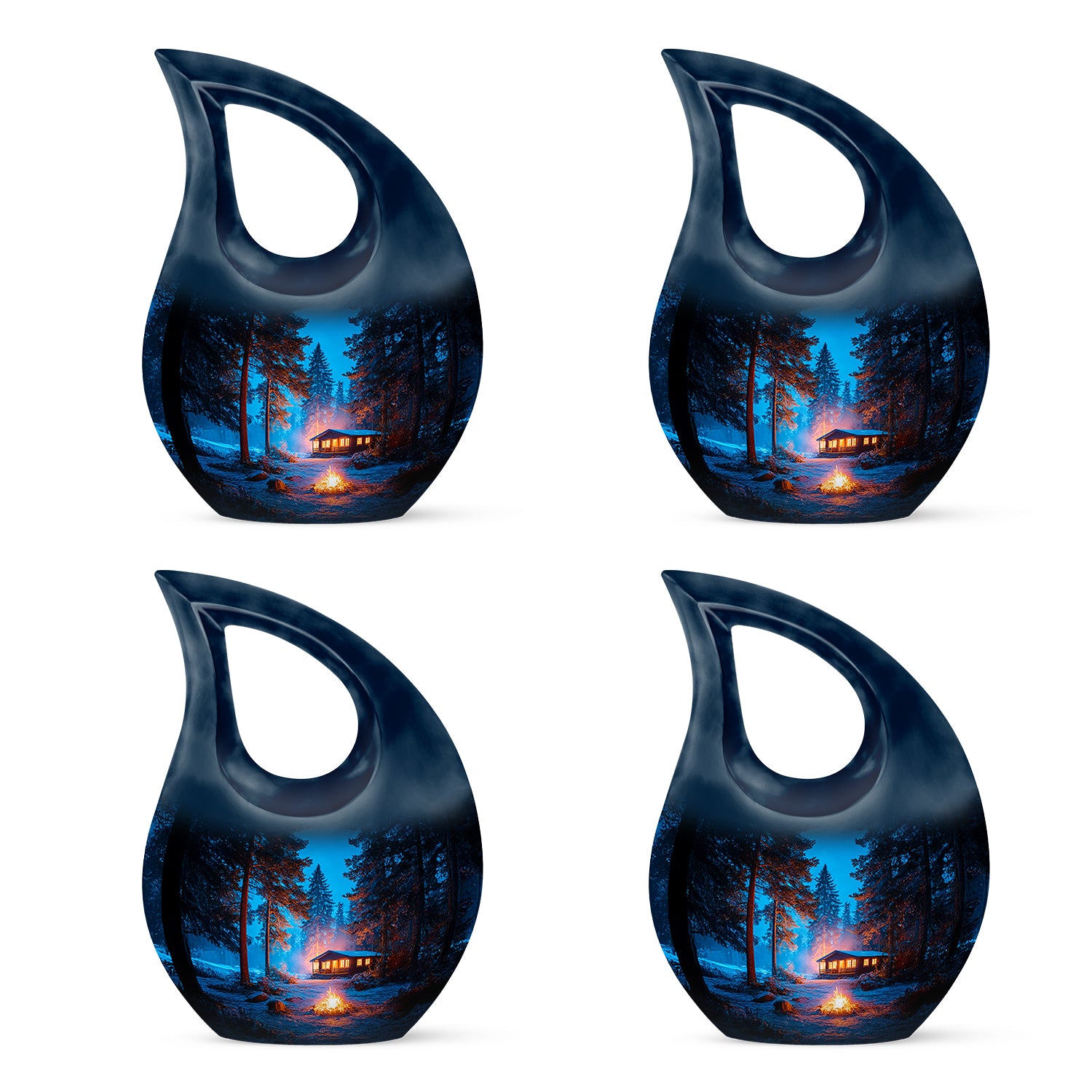 Misty Blue Campfire Cremation Urn lifestyle display on memorial shelf - cross and campfire combined in spiritual memorial design - 10 inch aluminum urn for cremated remains