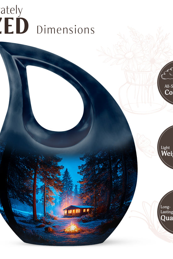 Indigo Campfire Cremation Urn back view with polished surface - cross and campfire combined in spiritual memorial design - mini keepsake memorial for portion of cremation ashes