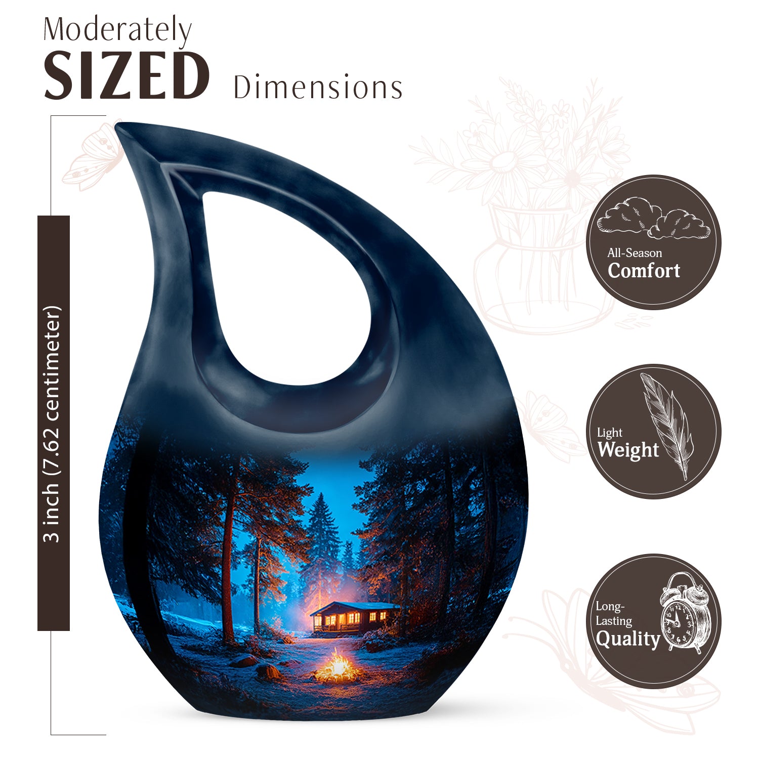 Indigo Campfire Cremation Urn back view with polished surface - cross and campfire combined in spiritual memorial design - mini keepsake memorial for portion of cremation ashes