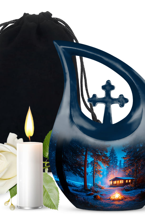 Sky Blue Campfire Cremation Urn top-down view of secure threaded lid - cross and campfire combined in spiritual memorial design - full-size 10 inch 200 cubic inch adult cremation urn